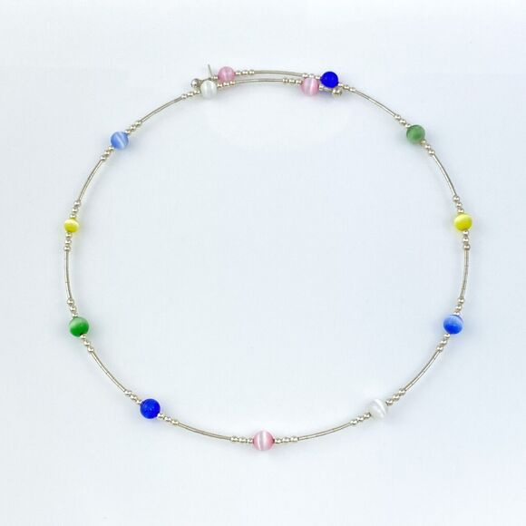 Sterling Silver Memory Wire Multicolor Simulated Cat's Eye Choker Necklace 15.5" - Picture 2 of 4